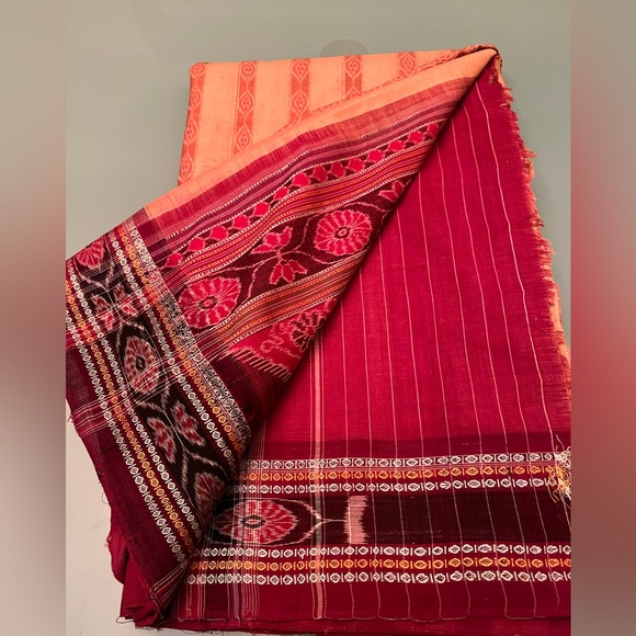 Fabindia style Ikat handwoven 100% cotton stunning saree salmon 🍣 & burgundy NEW - Picture 5 of 15